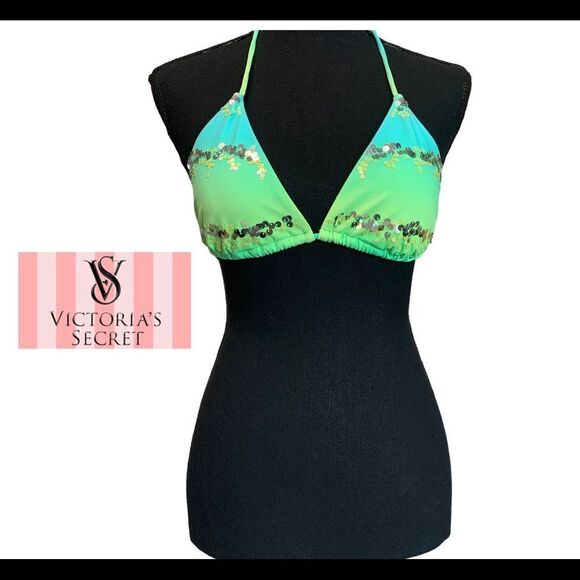 Victoria’s Secret sequin blue green lightly padded 2013 bikini top Sz L - Picture 1 of 9